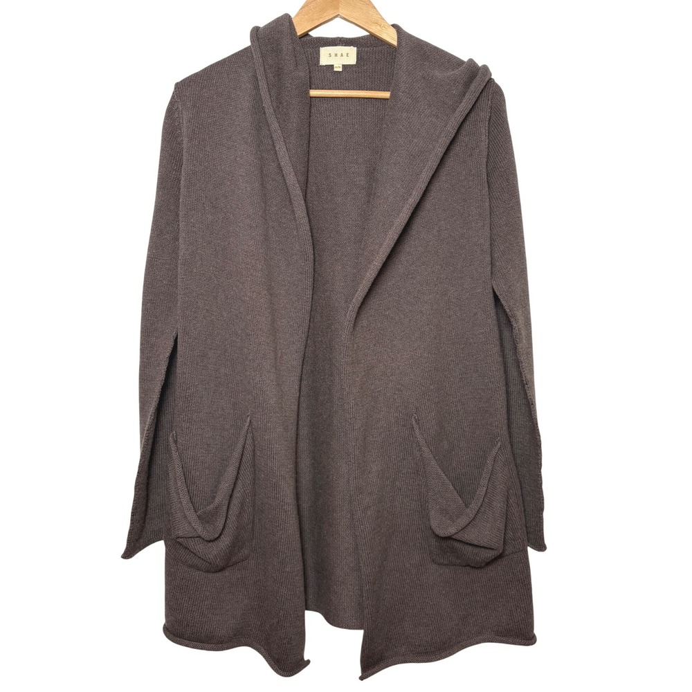 Shae Women Brown Cotton Cashmere Blend Hooded Open Front Cardigan Sweater Medium